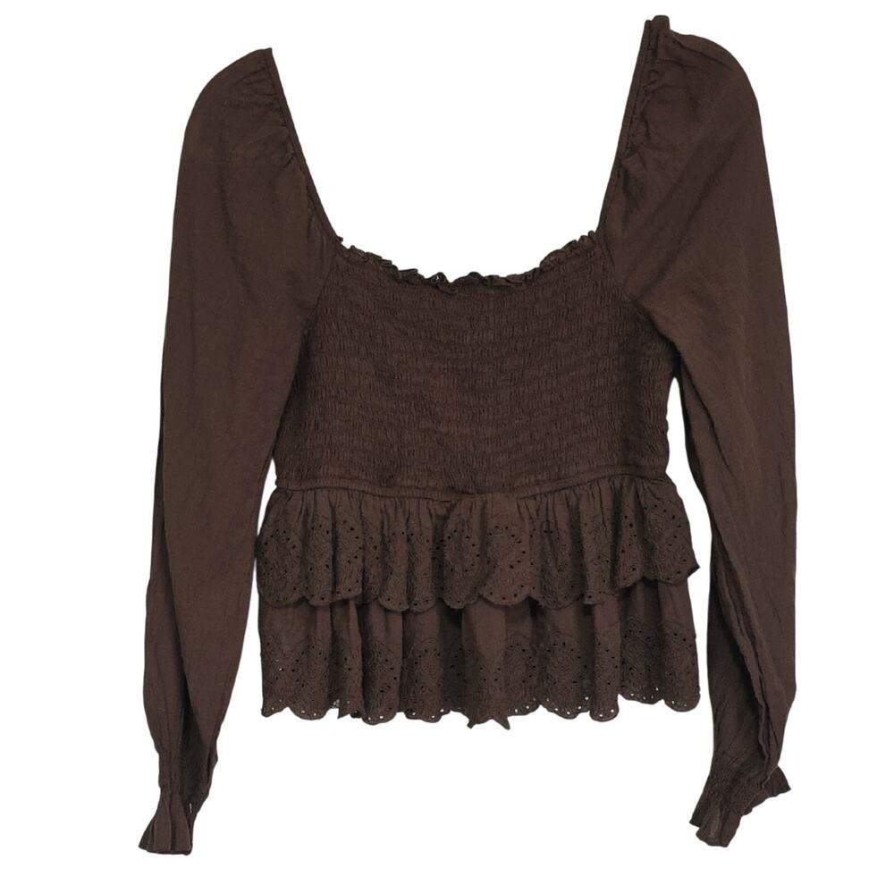 AE Womens Sz M Brown Feminine Square Neck Long-Sleeve Smocked BabydollTiered Top